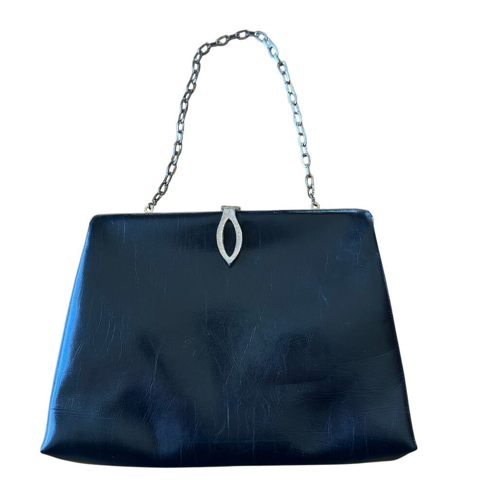 Vintage Harry Levine USA Small Black Leather Evening Purse 6x9 Gold Chain MCM